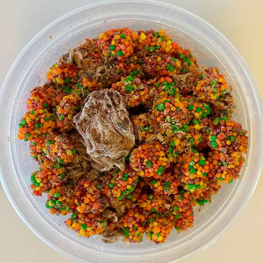 Aunty Kendra's Crunchy Clusters: Gummy clusters covered in colorful crunchies, dusted with Li Hing Mui powder and lemon peel.