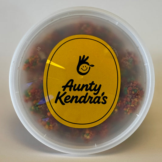 Aunty Kendra's Crunchy Clusters: Gummy clusters covered in colorful crunchies, dusted with Li Hing Mui powder and lemon peel.